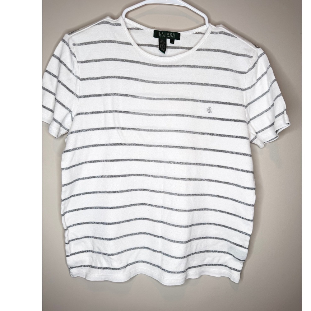 Lauren Ralph Lauren White Silver Metallic Stripe Short Sleeve Tee Smal - Picture 2 of 7